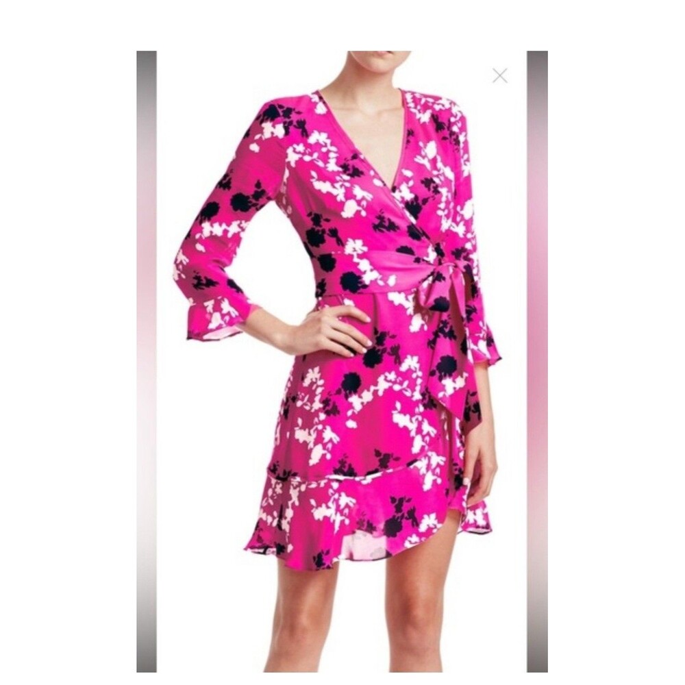 Tanya Taylor Small Hot Pink Floral‎ Long Sleeve Pink Camo Silk wrap dress Ruffle